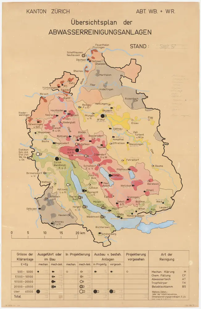 Kanton Zürich: Bestehende und projektierte Abwasserreinigungsanlagen, Zustand September 1957; Übersichtskarte