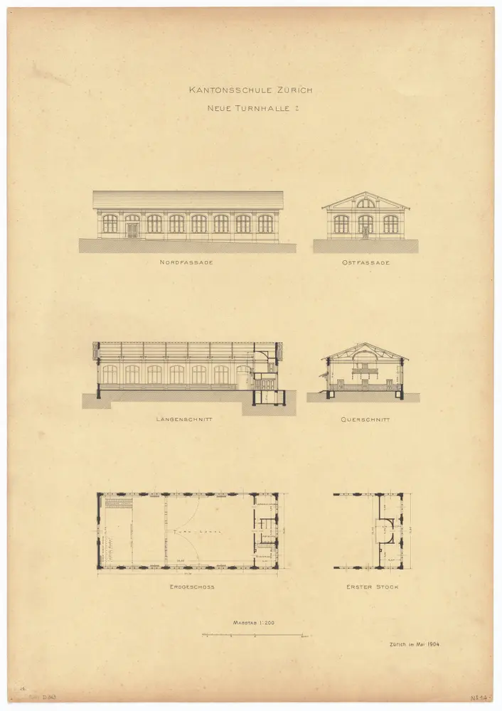 Kantonsschule, projektierte Turnhalle 2: Ansichten, Grundrisse und Schnitte