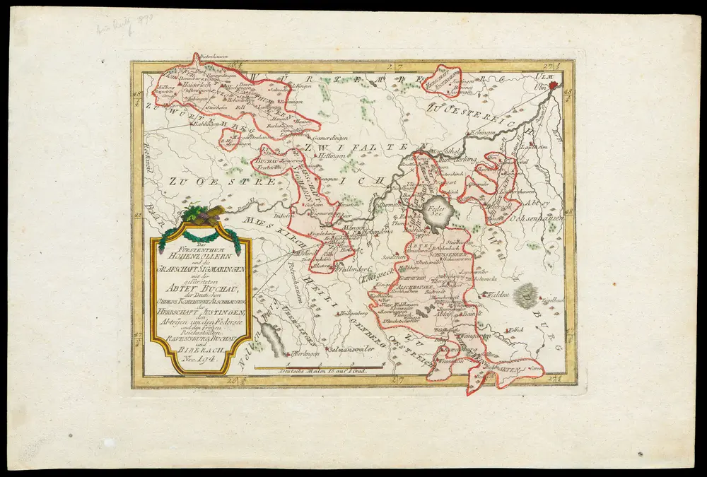 HStAS N 100_Nr. 258_ : "Das Fürstenthum Hohenzollern und die Grafschaft Sigmaringen mit der gefürsteten Abtey Buchau, der Deutschen Ordens-Komthurey Alschhausen, der Herrschaft Justingen, den Abte ̈yen um den Federsee und den fre ̈yen Reichsstädten Ravensburg, Buchau und Biberach, Nro 194"