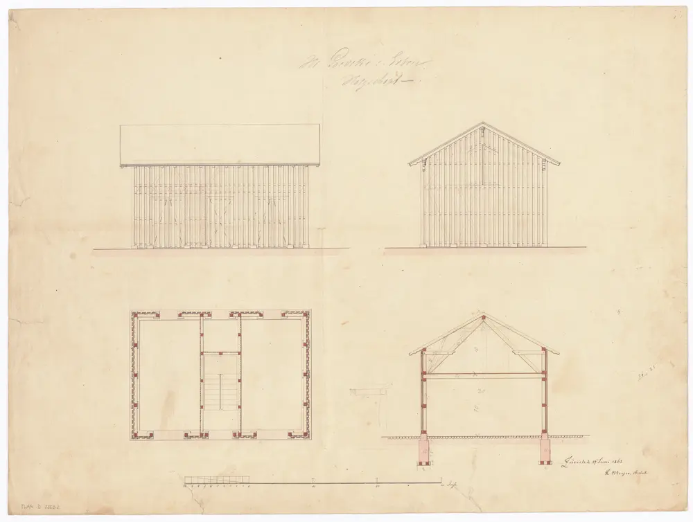 Zum Goedecke-Haus gehörender Holzschuppen, Seefeldstrasse 9: Holzkonstruktion; Ansichten, Grundriss und Schnitt