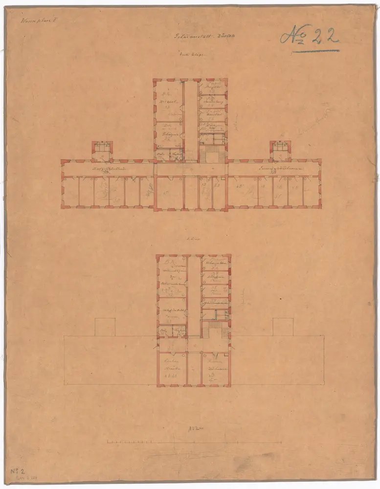 Gebäranstalt, Hauptgebäude: 1. und 2. Stock; Grundrisse