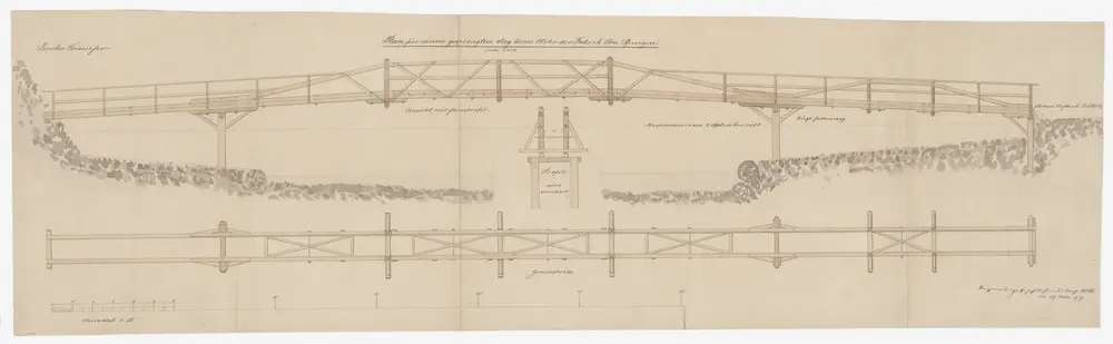 Pfungen: Steg über die Töss beim Wehr der Fabrik Neupfungen; Grundriss, Quer- und Längsschnitt