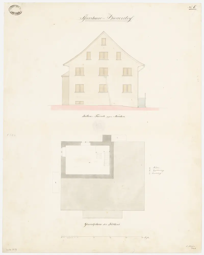 Bassersdorf: Pfarrhaus; Nordansicht und Grundriss des Kellers (Nr. 6)