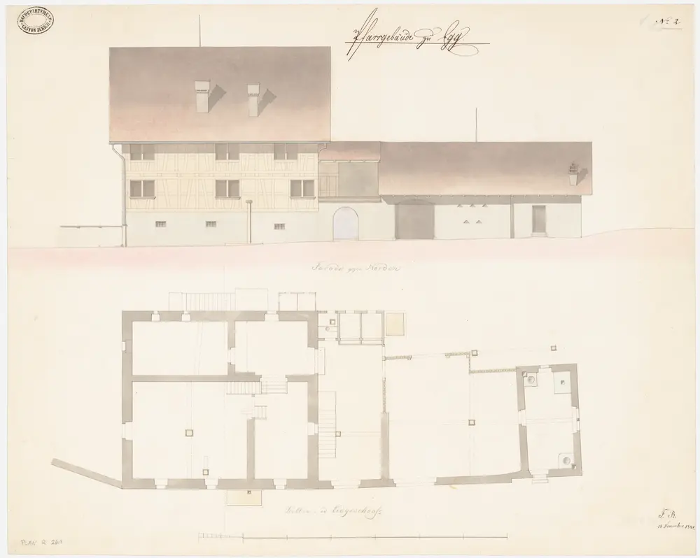 Egg: Pfarrhaus; Nordansicht und Grundriss des Kellers oder des Erdgeschosses (Nr. 2)