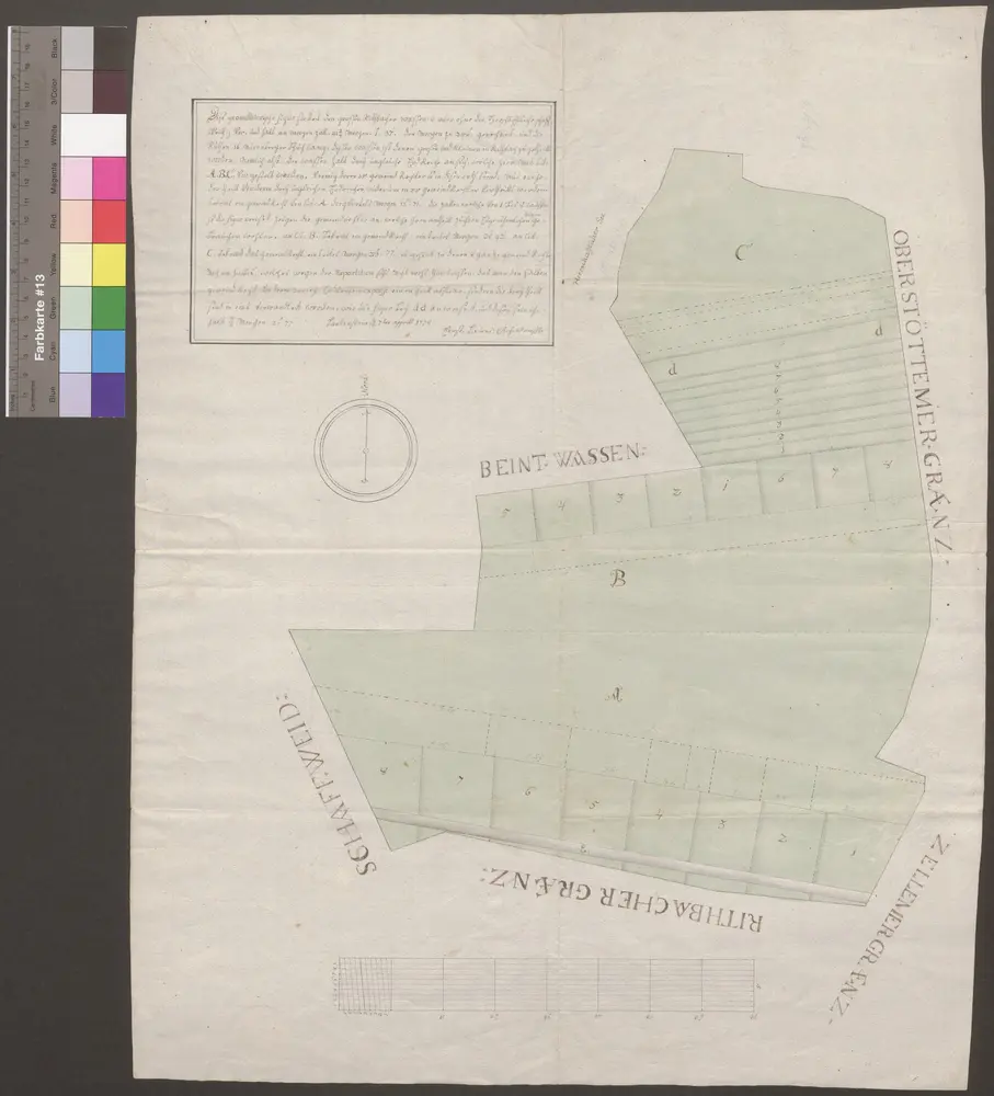 HZAN GA 100_Nr. 25_ : Bartenstein; "Großer Riedbacher Wasen ...";Ernst Baum, Feldmesser;80 Ruten = 21,8 cm;44,5 x 56 cm;Papier; Federzeichnung; Zur Verteilung nummerierte Feldstücke in Wasserfarben; links oben Erklärung.