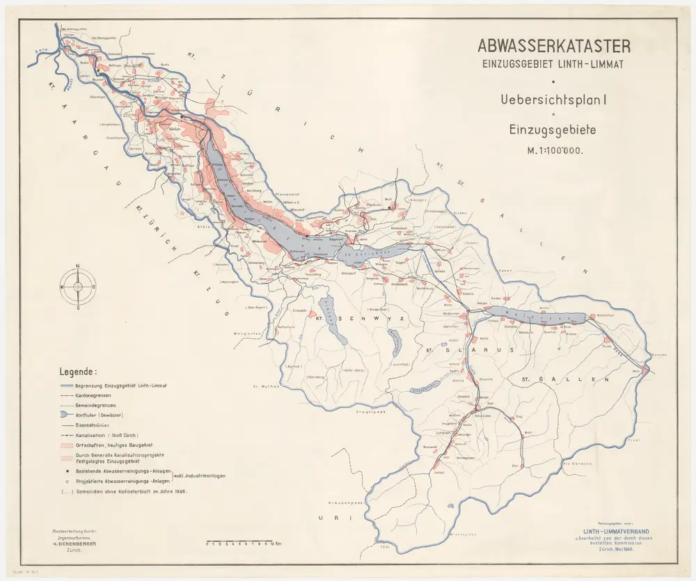 Kantone Zürich, Schwyz, Glarus und St. Gallen: Einzugsgebiet Linth-Limmat, Abwasserkataster: Einzugsgebiet; Übersichtsplan (Nr. I)