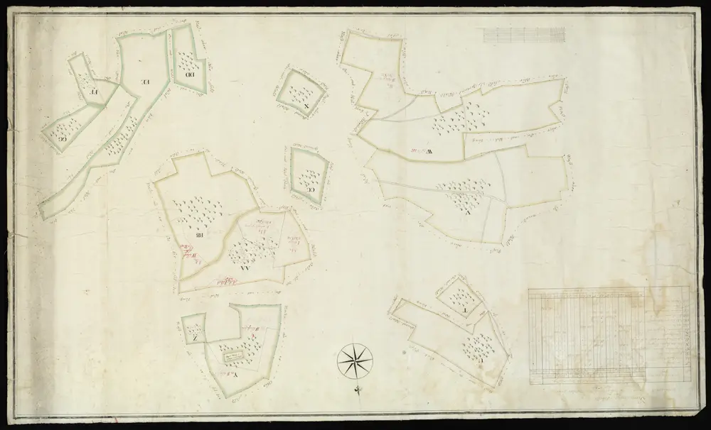 HZAN GA 100_Nr. 1266_ : Nassau"Hochfürstlich Hohenlohe-Weikersheimer Nassauer Forst". Grundriss mit Vermessungstabelle