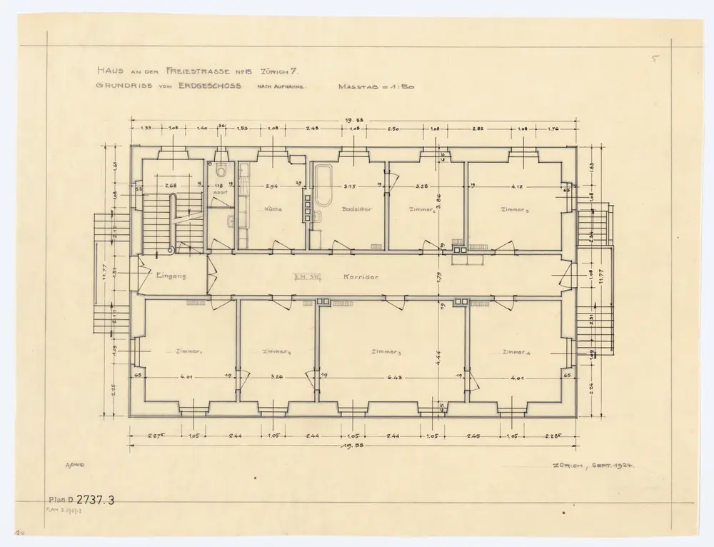 Haus Freiestrasse 15: Grundrisse und Querschnitt: Erdgeschoss; Grundriss