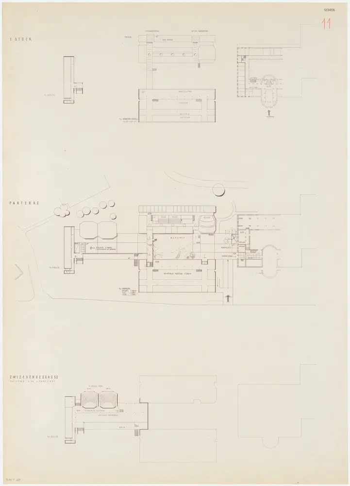 Zürich: Physikgebäude der Universität; Projekt 123456; Erdgeschoss, Zwischengeschoss und 1. Obergeschoss; Grundrisse