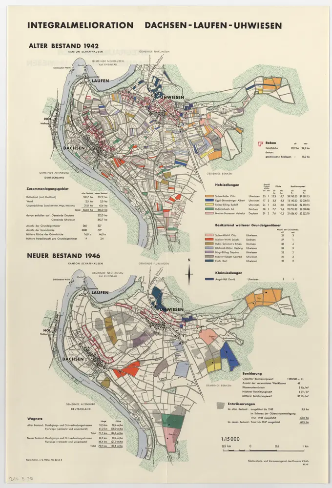 Dachsen, Laufen-Uhwiesen: Integralmelioration, alter Bestand 1942 und neuer Bestand 1946; Übersichtsplan