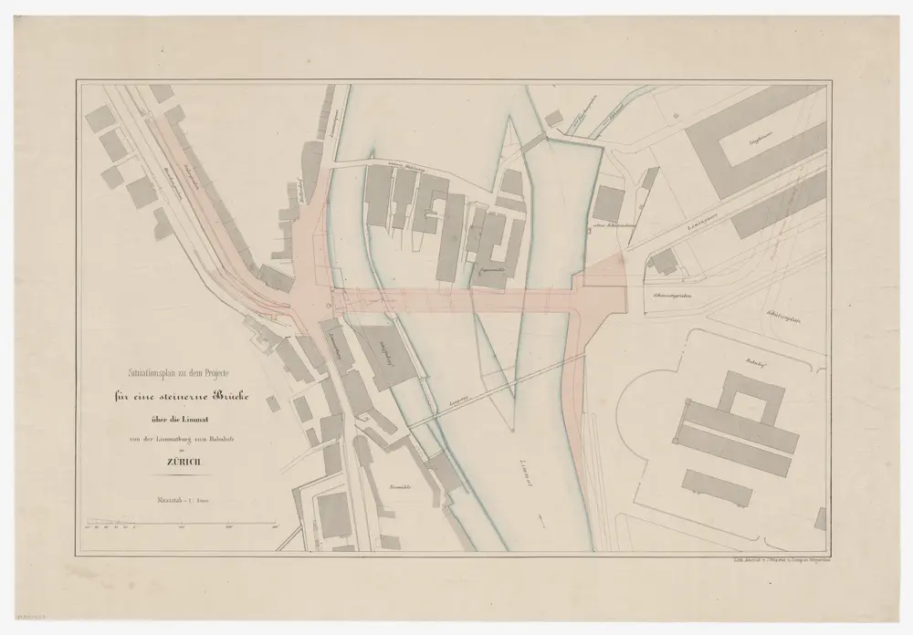 Zürich: Projektierte Brücke über die Limmat von der Limmatburg zum Bahnhof (Bahnhofbrücke); Situationsplan