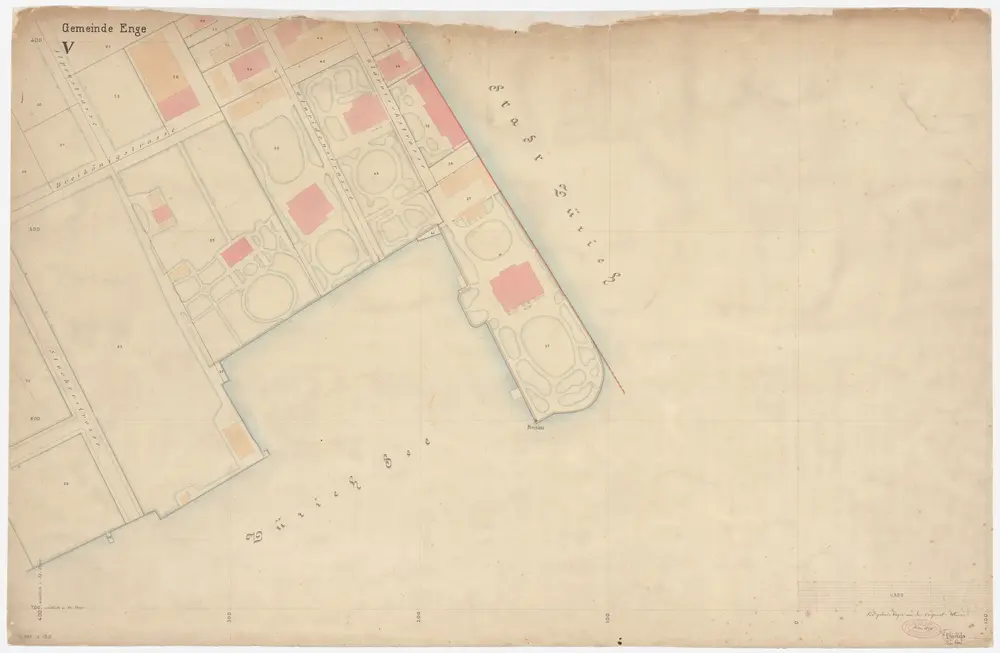 Enge: Gemeinde; Katasterpläne und Kataster-Ergänzungspläne: Blatt V: Gegend bei Stockerstrasse, Dreikönigstrasse, Glärnischstrasse, Rosau und Zürichsee; Situationsplan