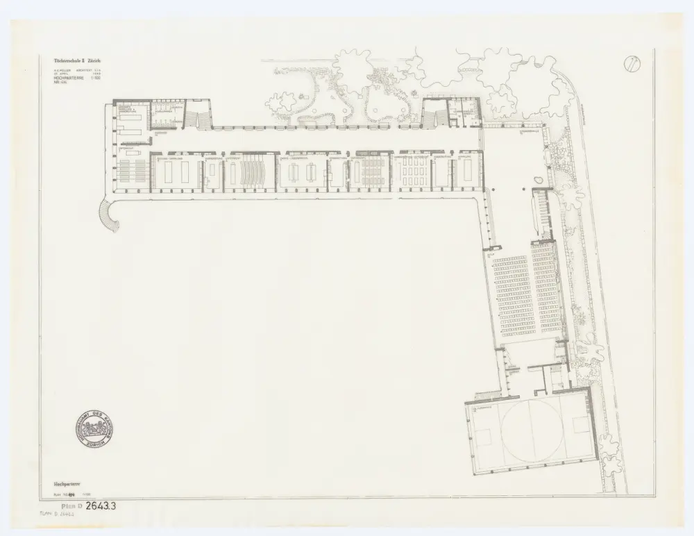 Kantonsschule Hottingen (Töchterschule II Zürich): Fassaden, Grundrisse, Schnitte: Hochparterre; Grundriss