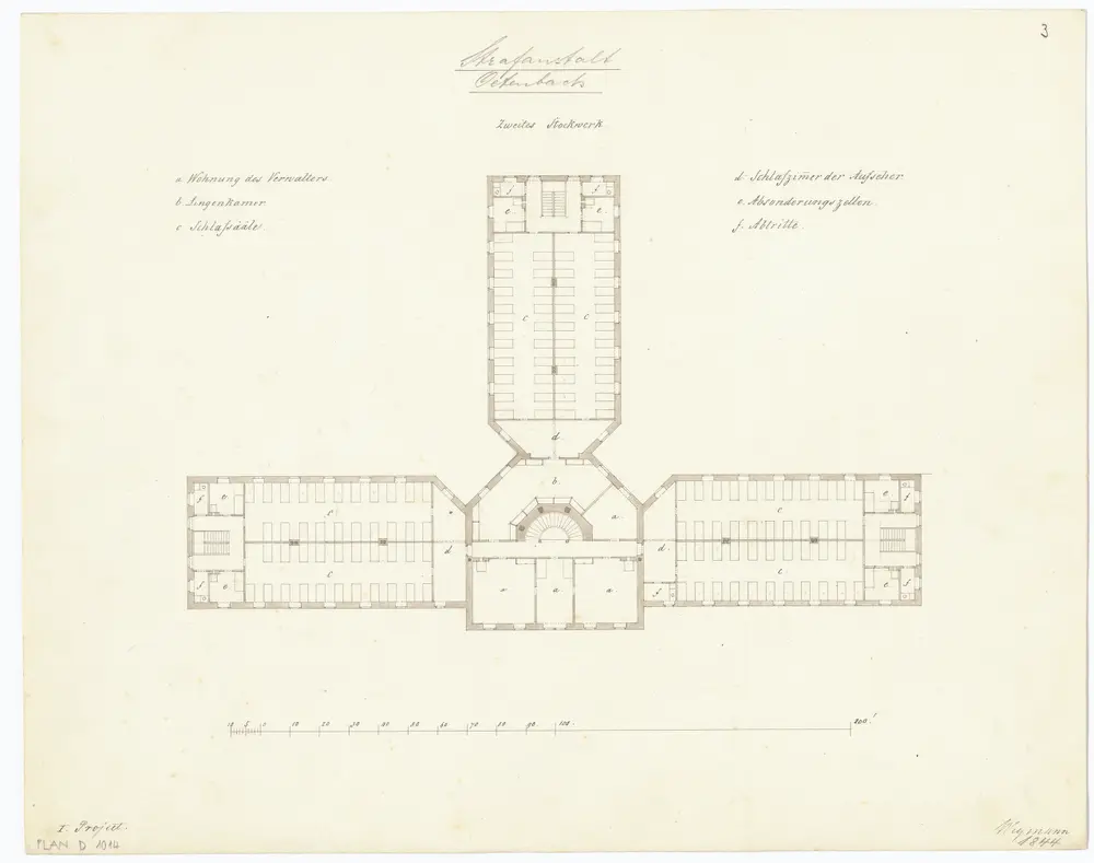 Kantonale Strafanstalt, projektierter Neubau: 2. Stock; Grundriss (1. Projekt)