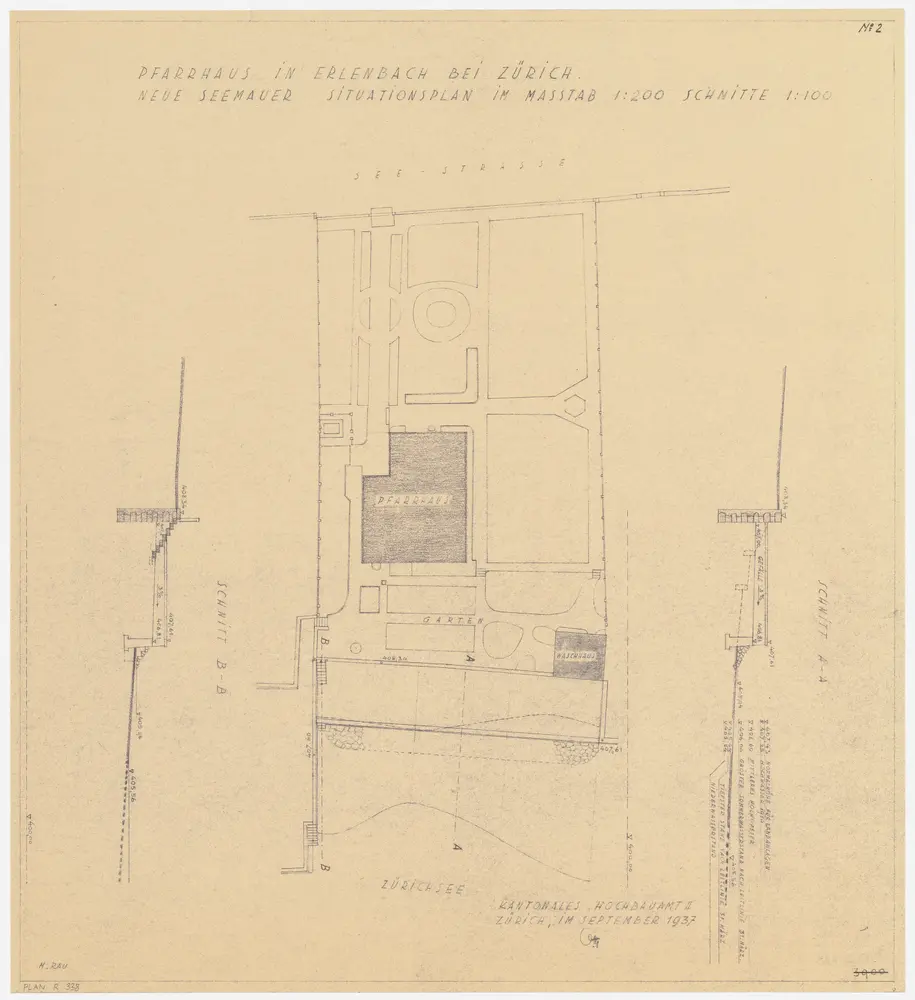 Erlenbach: Pfarrhaus und Umgebung, neue Seemauer; Grundriss und Querschnitte (Nr. 2)