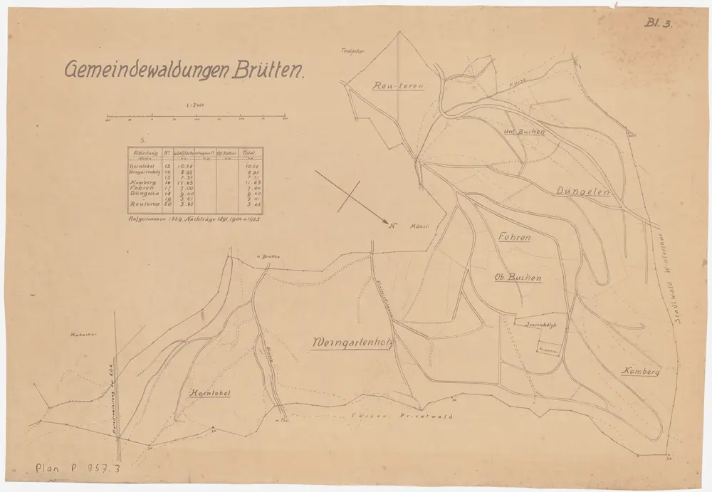 Brütten: Gemeindewaldungen: Horntobel, Wingertenholz (Weingartenholz), Reuteren, Buchen, Tüngelen (Düngelen), Foren (Fohren), Chomberg (Komberg); Grundrisse (Blatt 3)