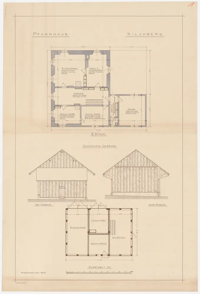 Kilchberg: Pfarrhaus und Ökonomiegebäude; Ost- und Westansichten des Ökonomiegebäudes und Grundrisse (Nr. 1)