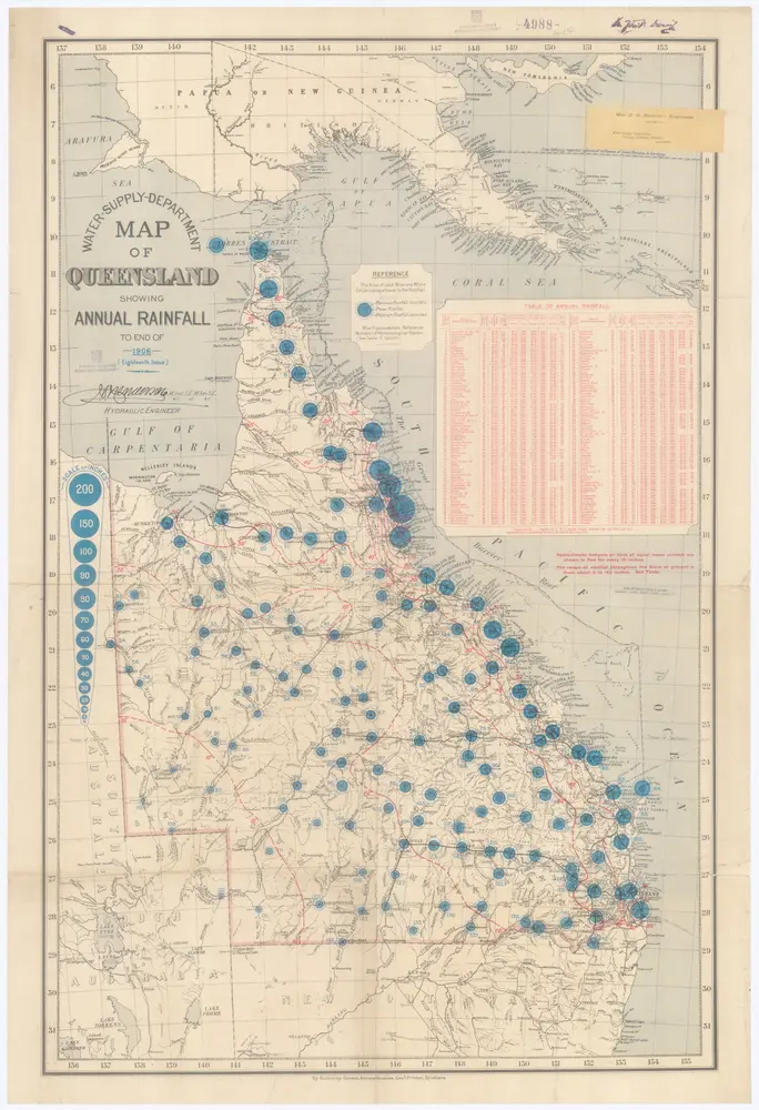 Map of Queensland showing annual rainfall to end of 1906