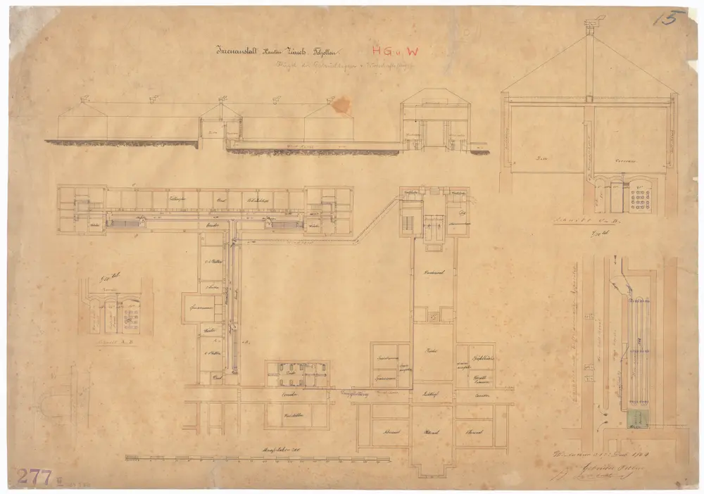 Irrenanstalt Burghölzli: Flügel der Tobsüchtigen und Wirtschaftsgebäude H, G und W, Dampfheizungsanlage; Grundriss und Schnitte