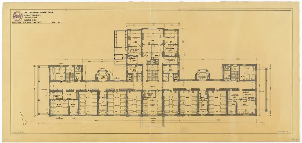 Winterthur: Kantonsspital, Hauptgebäude, 1. Stock; Grundriss (Nr. 203)