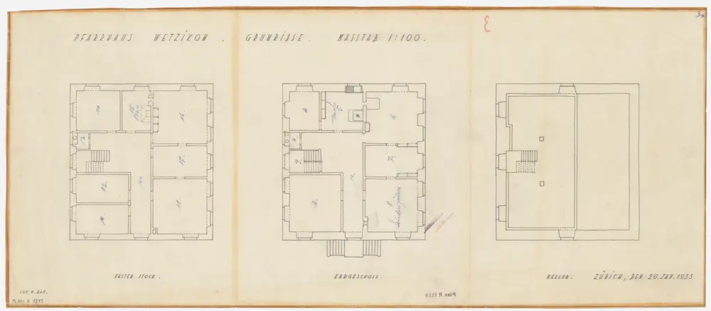 Wetzikon: Pfarrhaus, Keller, Erdgeschoss und 1. Stock; Grundrisse (Nr. 3)