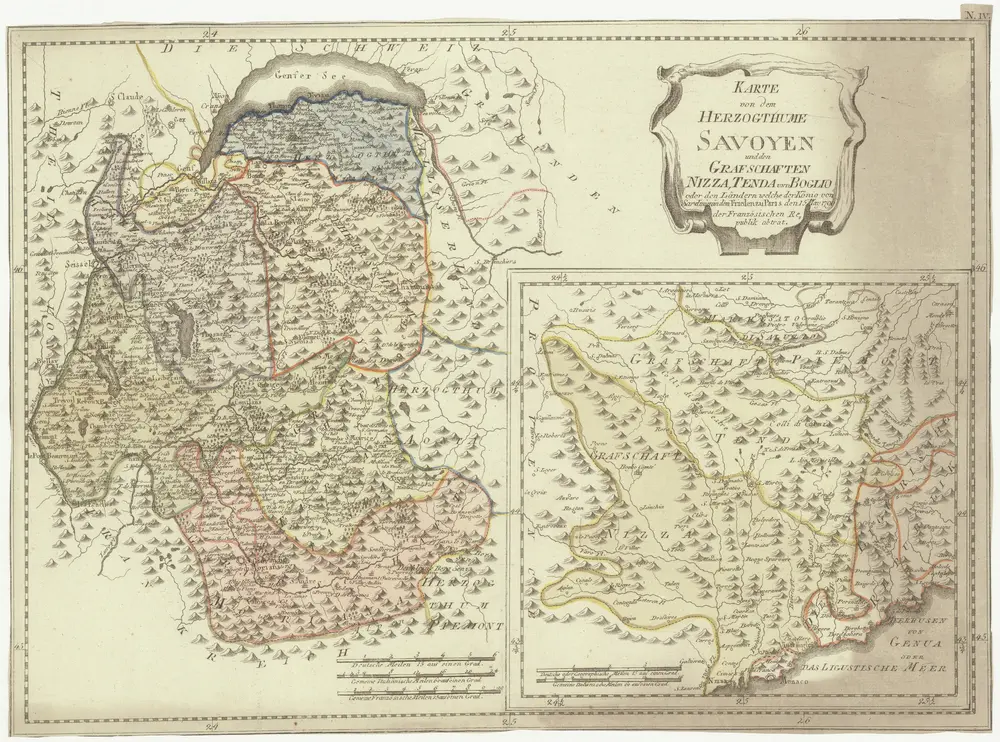 Karte von dem Herzogthume Savoyen und den Grafschaften Nizza, Tenda und Borgio, oder den Ländern welche der König von Sardinien in dem Frieden zu Paris den 15. May 1796 der französischen Republik abtrat