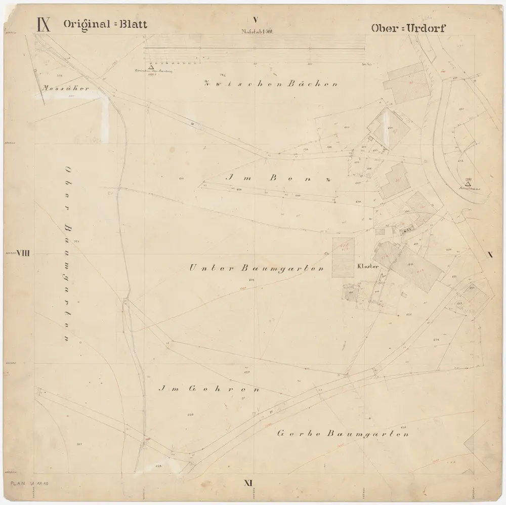Oberurdorf: Gemeinde; Katasterpläne: Blatt IX: Moosacker, Zwischenbächlen (Zwischenbächen), Im Bänz (Benz), Unterer Baumgarten, Oberer Baumgarten, Im Geren (Gehren) und Gerbe Baumgarten; Situationsplan