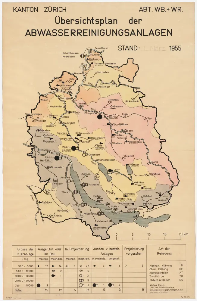 Kanton Zürich: Bestehende und projektierte Abwasserreinigungsanlagen, Zustand 01.03.1955; Übersichtskarte