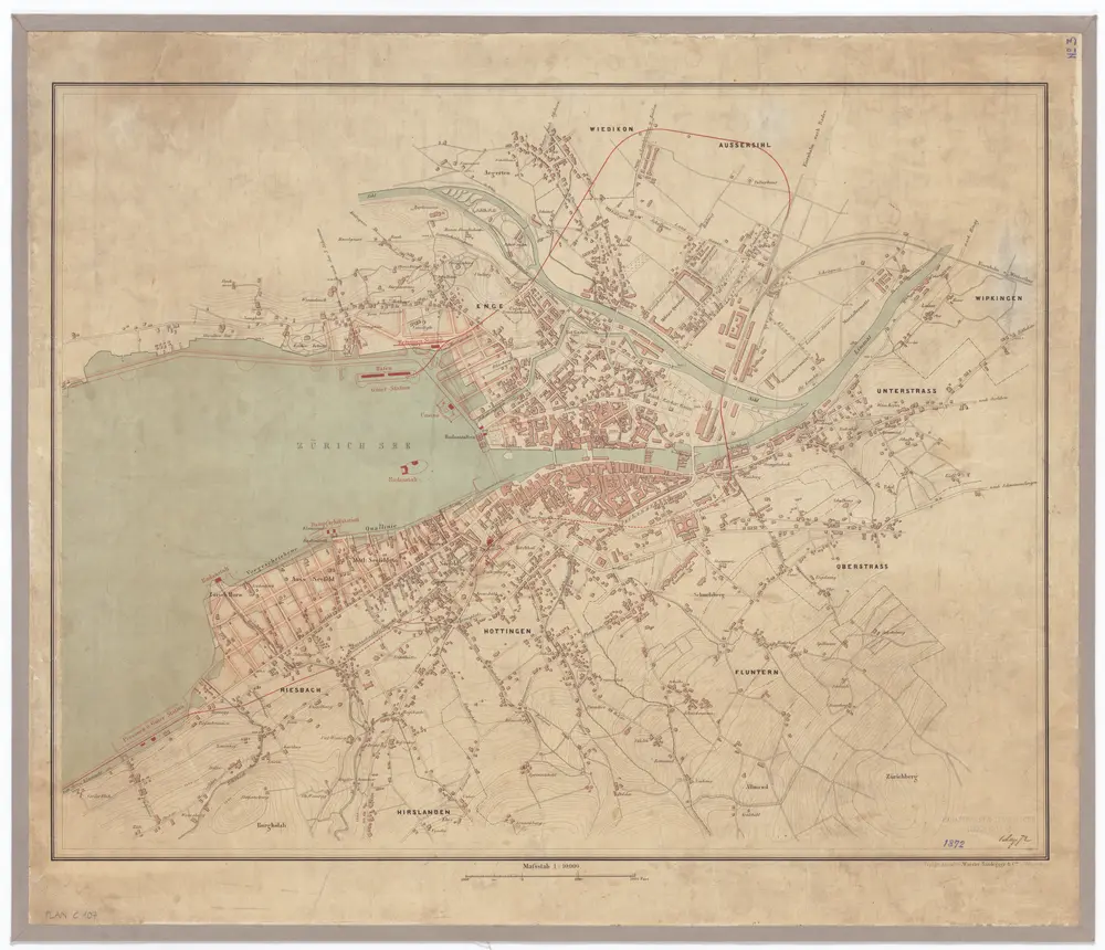 Plan der Stadt Zürich mit projektierten Eisenbahnlinien und projektierten Bauten im und am Zürichsee