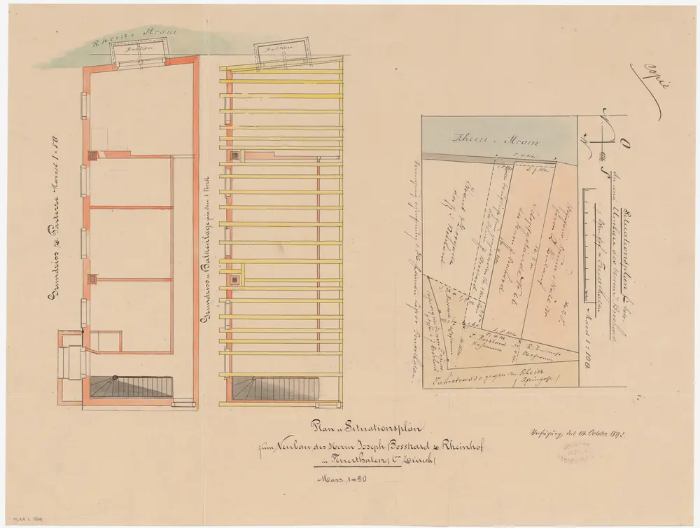 Feuerthalen: Projektierter Neubau von Joseph Bosshard vom Rheinhof; Situationsplan und Grundriss (Rhein-Gebiet Nr. 36 b)