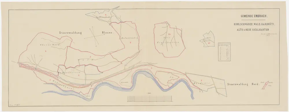 Embrach: Gemeindewaldungen Hardrüti, Au, Kleinau, Cholschwärzi (Kohlschwärze), Handforen, Oberwald (Oberer Wald), Wald, Holzstuden (Holzstauden), Winklen (Winkel), Alte Eigelharten, Kleine Eigelharten, Lochmühlerain; Grundrisse