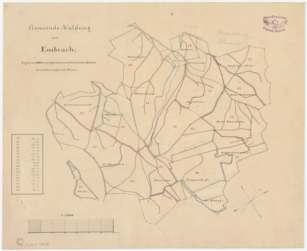 Embrach, Pfungen: Gemeindewaldung Embrach: Embrach: Tannholz, Ägerten (In Aergerten), Wurzhalden, Im jungen Hau, Chli Tannholz (Das kleine Tannhölzli), Foren (In Fohren), Allmend (Alment), Schuepis (Schuppis), Hasentanz; Grundriss