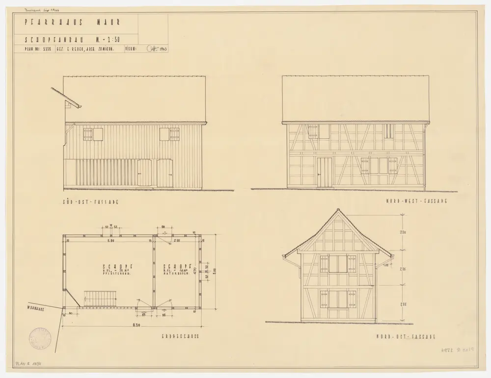 Maur: Schuppen neben dem Pfarrhaus; Grundriss, Südost-, Nordost- und Nordwestansichten