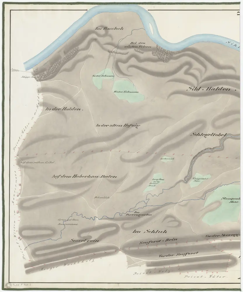 Horgen, Langnau am Albis, Thalwil, Hottingen, Zürich: Staatswaldungen, Genossenschaftswaldungen und Zürcher Stadtwaldungen: Horgen: Der Stadtgemeinde Zürich sowie der Genossenschaft Landforst in Horgen, Oberrieden und Thalwil gehörende Waldung Forst mit Rossloch, Bei den wüsten Felsen, Halden, Hofwig, Huebershauboden (Huberhauboden), Sässelrain (Sesselrein), Schluh, Neuforst, Meereggrain, Sihlhalden, Schlegeltobel, Stump