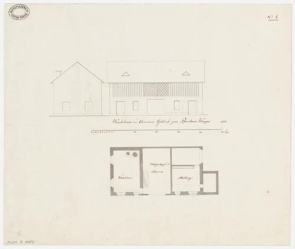 Wangen-Brüttisellen (damals Wangen): Waschhaus und Ökonomiegebäude; Grundriss und Ansicht (Nr. 6)