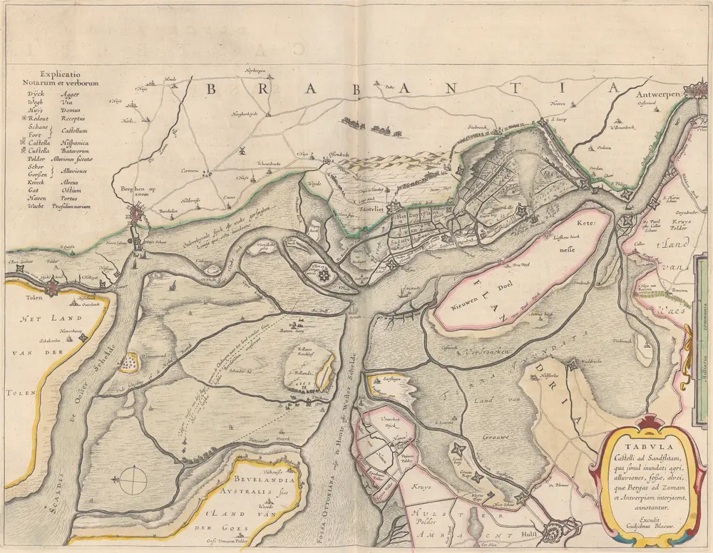 Tabula Castelli ad Sandflitam, qua simul inundati agri, alluviones, foßae, alvei, quae Bergas ad Zomam et Antverpiam interiacent, annotantur. [Karte], in: Theatrum orbis terrarum, sive, Atlas novus, Bd. 1, S. 348.