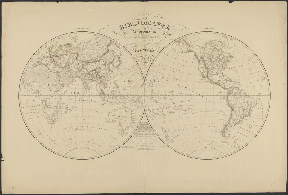 Mappemonde en deux hémisphères où sont tracées les lignes de faîte des grands bassins qui partagent la surface du globe