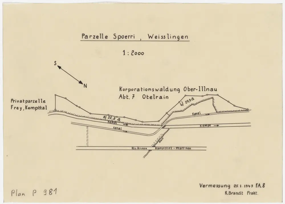 Illnau-Effretikon (damals Illnau): Neben der Abteilung 7 (Otelrain) der Genossenschaftswaldung Oberillnau an der Kempt und am Kemptkanal gelegene Privatparzelle von Spörri, in Weisslingen; Grundriss