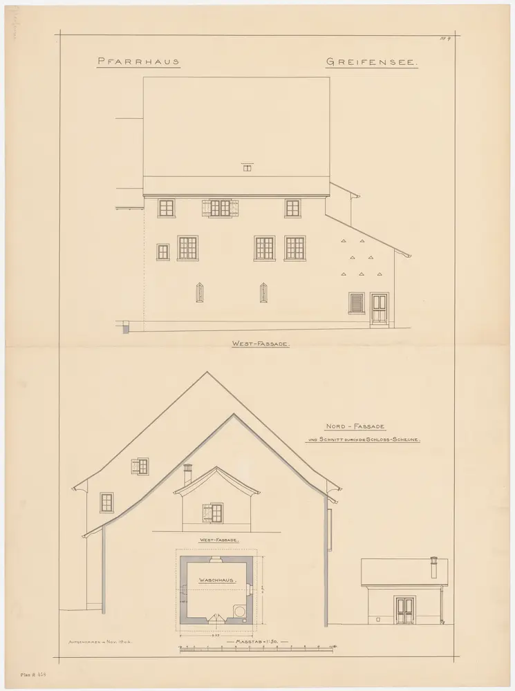 Greifensee: Pfarrhaus und Waschhaus; Nord- und Westansichten und Grundriss des Waschhauses (Nr. 8)