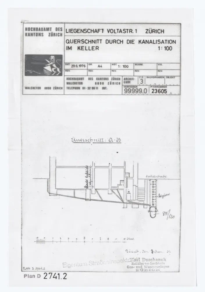 Liegenschaft Voltastrasse 1: Kanalisation; Grundriss und Querschnitt: Querschnitt