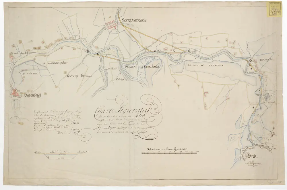 Caarte figuratief van de loop der rivier de Mark tusschen Breda langs Terheijden tot aan het Sant daar buiten met het project van den Dr. des Rocques: relatief aan de memorie hier annex; angewezen en met geel afgezet