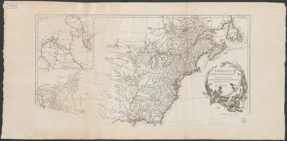 Amérique Septentrionale / Publiée sous les auspices de Monseigneur le Duc d'Orleans premier prince du sang par le Sr. d'Anville ; Du dessein du Sr. Gravelot frère de l'auteur, gravé par le Sr. Major ; Gravé par Guill. Delahaye
