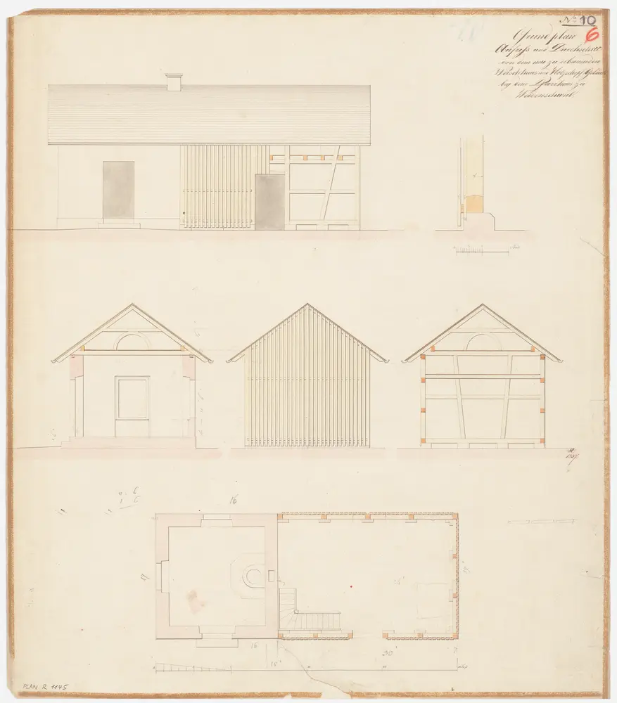 Wädenswil: Projektiertes Wasch- und Holzhaus; Grundriss, Ansichten, Querschnitt und Detailansicht der Mauer (Nr. 6)