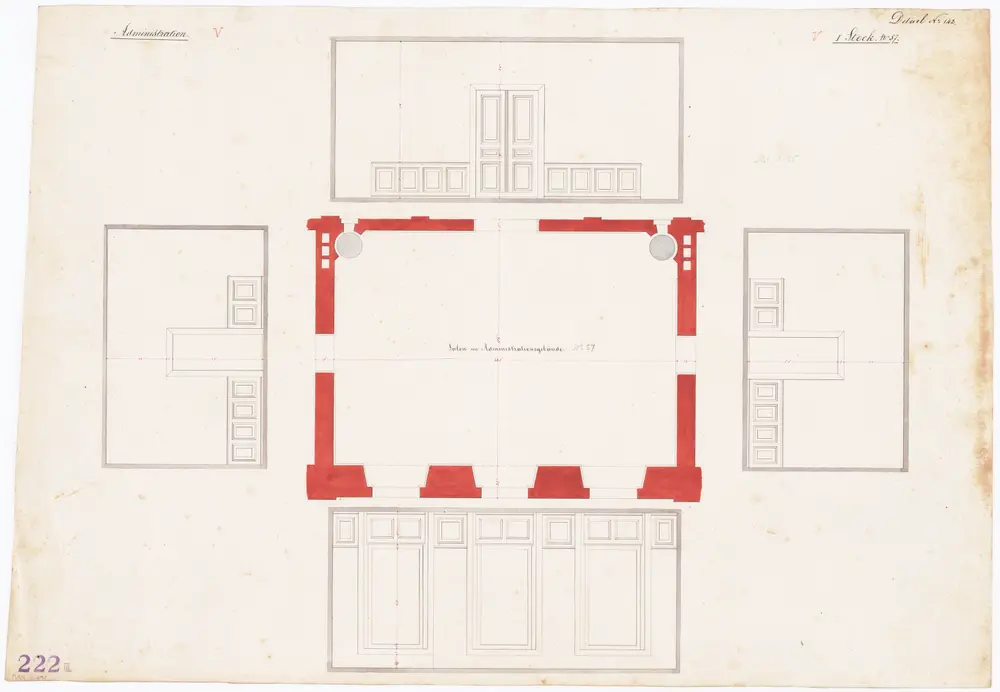 Irrenanstalt Burghölzli: Administrationsgebäude, 1. Stock; Salon des Direktors; Wandansichten und Grundriss