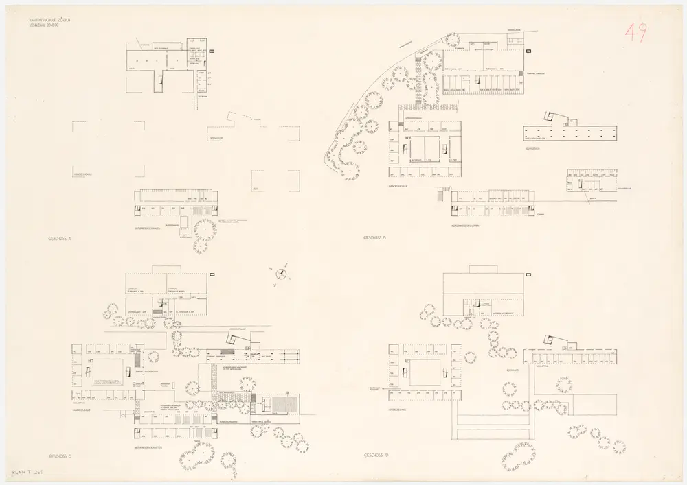 Zürich: Kantonsschule Freudenberg; Projekt 004700; Geschosse A, B, C und D; Grundrisse