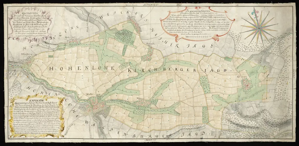 HZAN GA 100_Nr. 219_ : Kupferzell; "Geometrischer Grundriß ... des ... Hohenlohe-Kirchbergischen Jagdbezirks";Joh. Heinr. Wagner;100 Ruten = 11,2 cm [20 cm = 1 km];164 x 76,5 cm; Norden oben; 2 Ex.Papier auf Leinwand; Wasserfarben; Grenzen in Tusche; Ackerflächen, Wiesen und Siedlungen in Farben hervorgehoben; unten links Beschreibung in Kartusche; oben Meßgehalt.