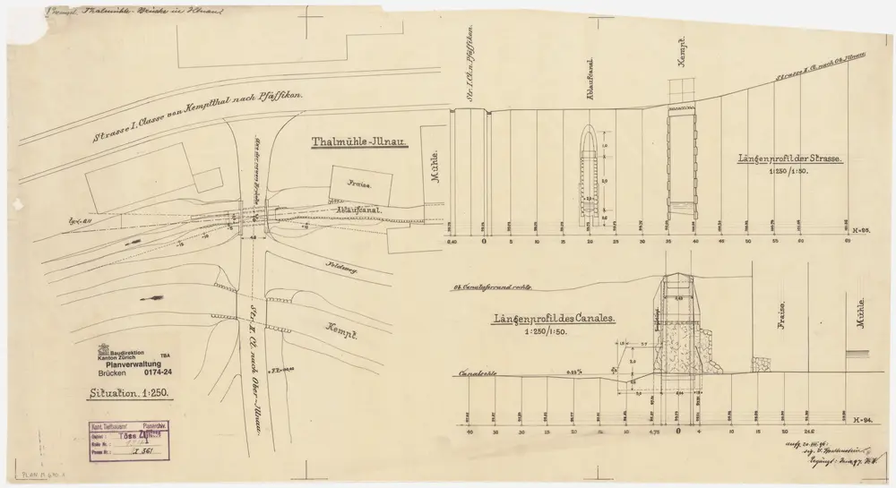 Illnau-Effretikon (damals Illnau): Brücke über den Kanal bei Talmüli (Thalmühle): Situationsplan und Längsprofile