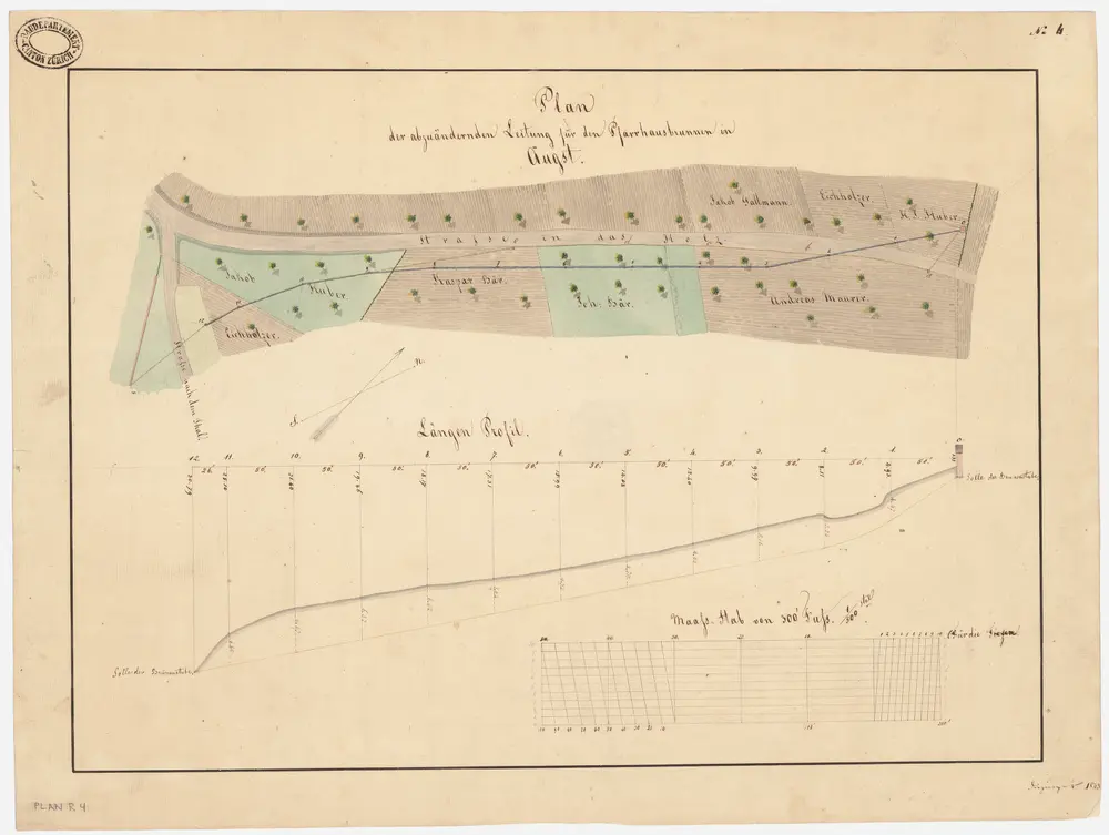Aeugst am Albis: Pfarrhausbrunnen, abzuändernde Leitung; Grundriss und Längsprofil (Nr. 4)
