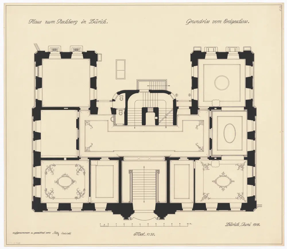 Universität Zürich, Haus zum Rechberg, Hirschengraben 40: Erdgeschoss; Deckenansicht und Grundriss