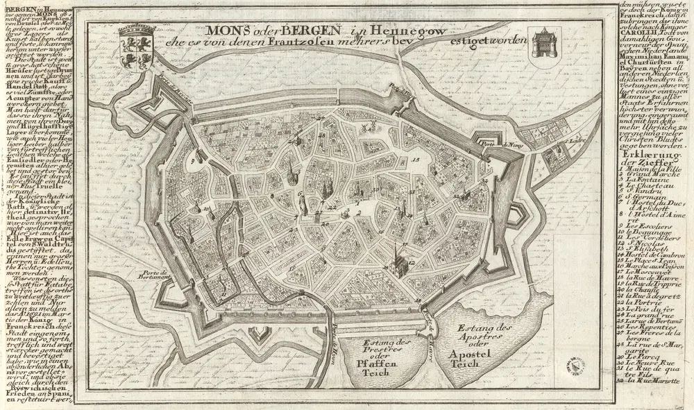 Mons oder Bergen in Hennegow ehe es von denen Frantzosen mehrers bevestiget worden [Planvedute, Karte], in: Curioses Staats und Kriegs Theatrum Dermahliger Begebenheiten, S. 122.